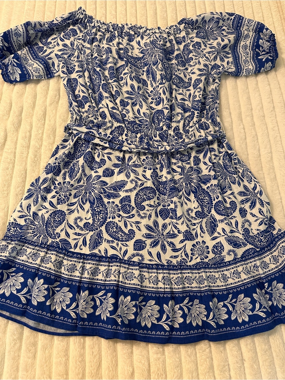 LOFT Blue and White Floral Off-Shoulder Midi Dress - Picture 4 of 6